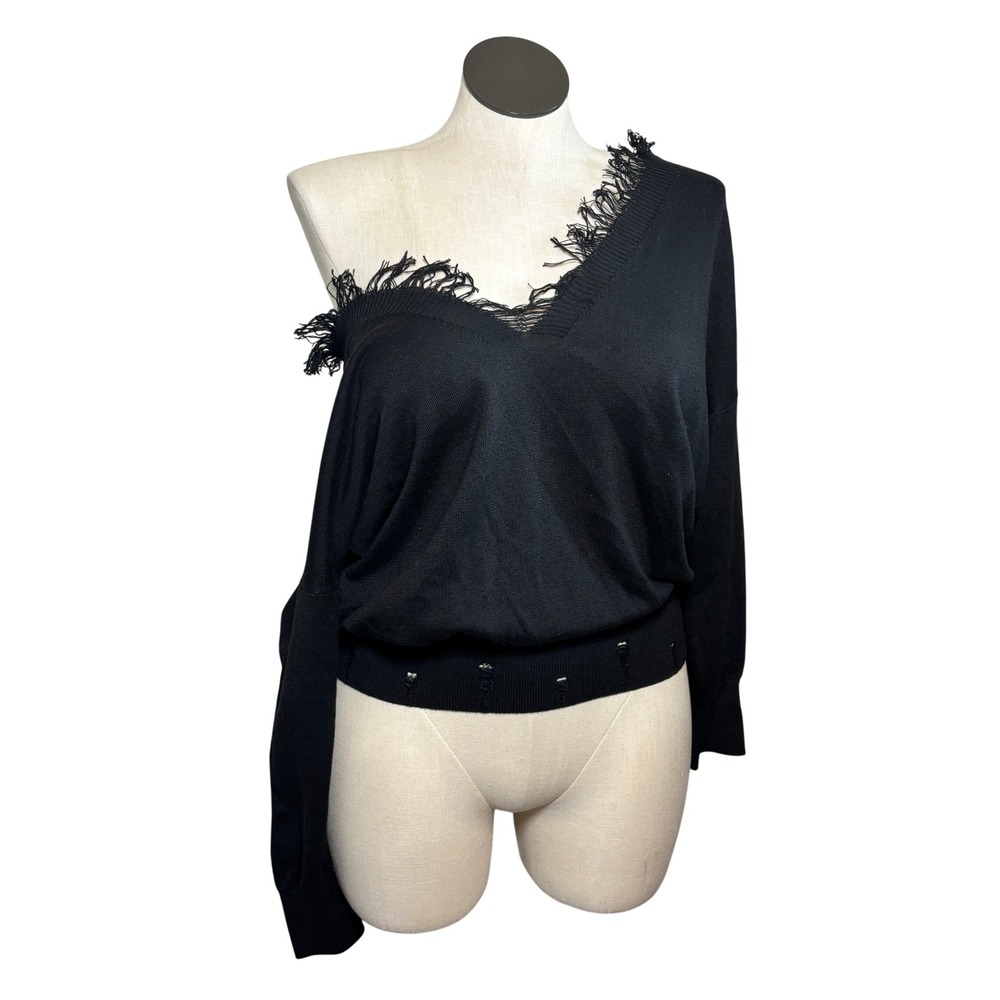 Crazy Train Womens XXL Black Distressed Frayed V-Neck Knit Sweater Long Sleeve